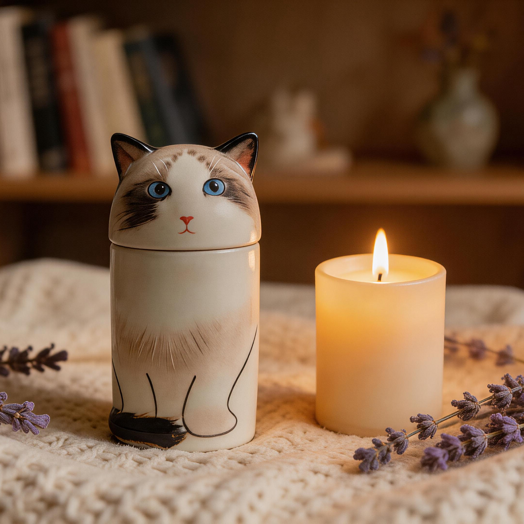 3D Painted Cat Urn & Storage Jar