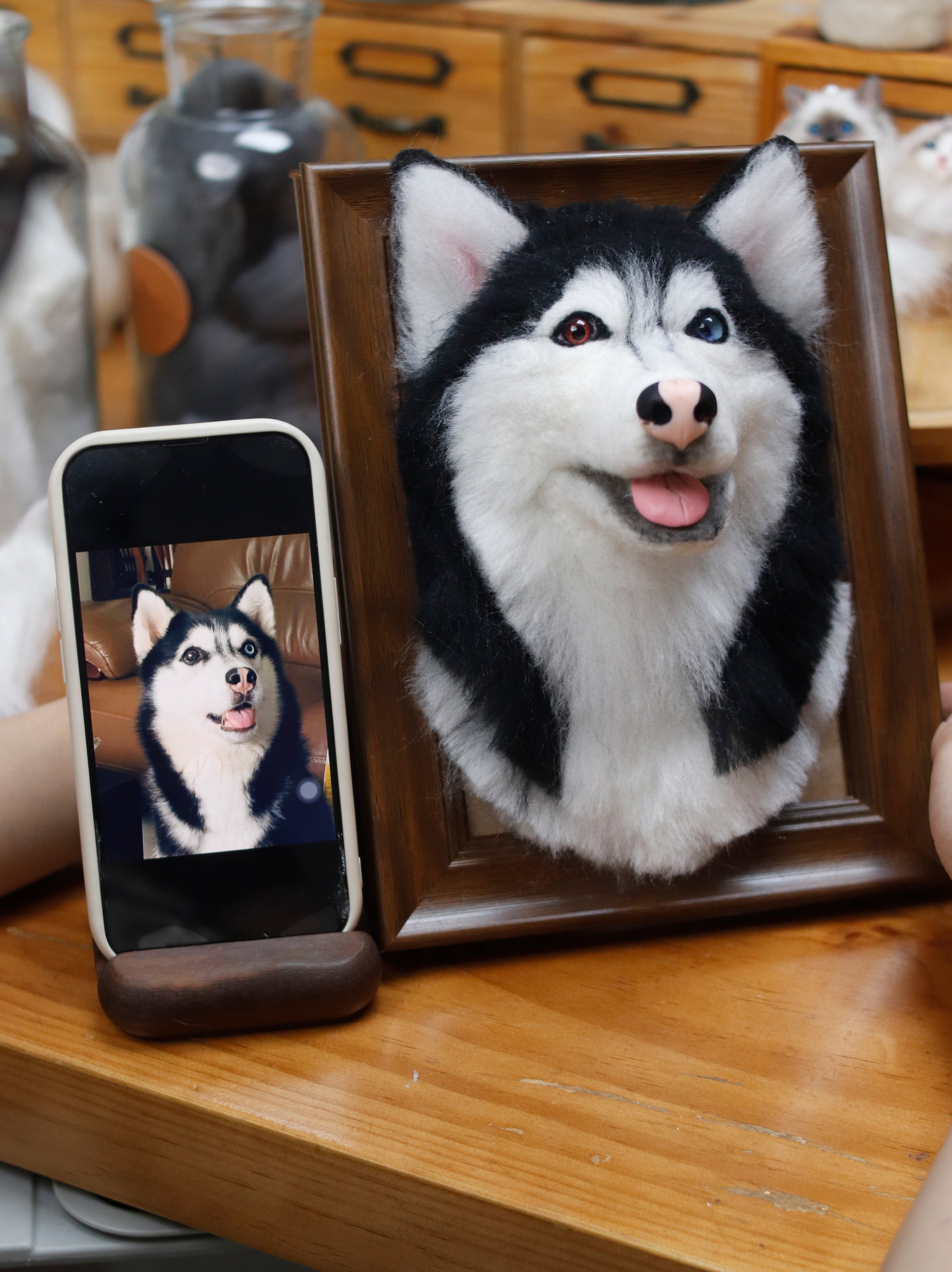 Custom 3D Wool Felt Portrait Pet Head Poseture With Photo Frame